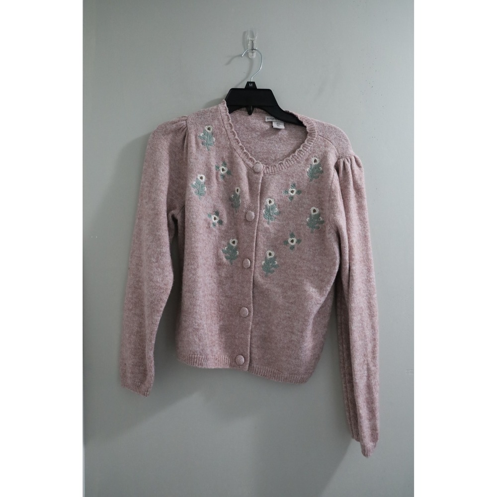 Sincerely Jules Pink Floral Embroidered Puff‎ Sleeve Cardigan Sweater Women's L